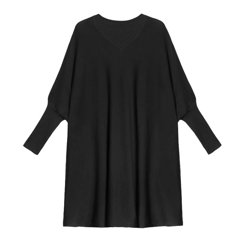 Europeo con cuello en V suéter de punto vestido para las mujeres primavera y otoño nueva suelta adelgazamiento Batwing manga color sólido bottoming superior venta al por mayor