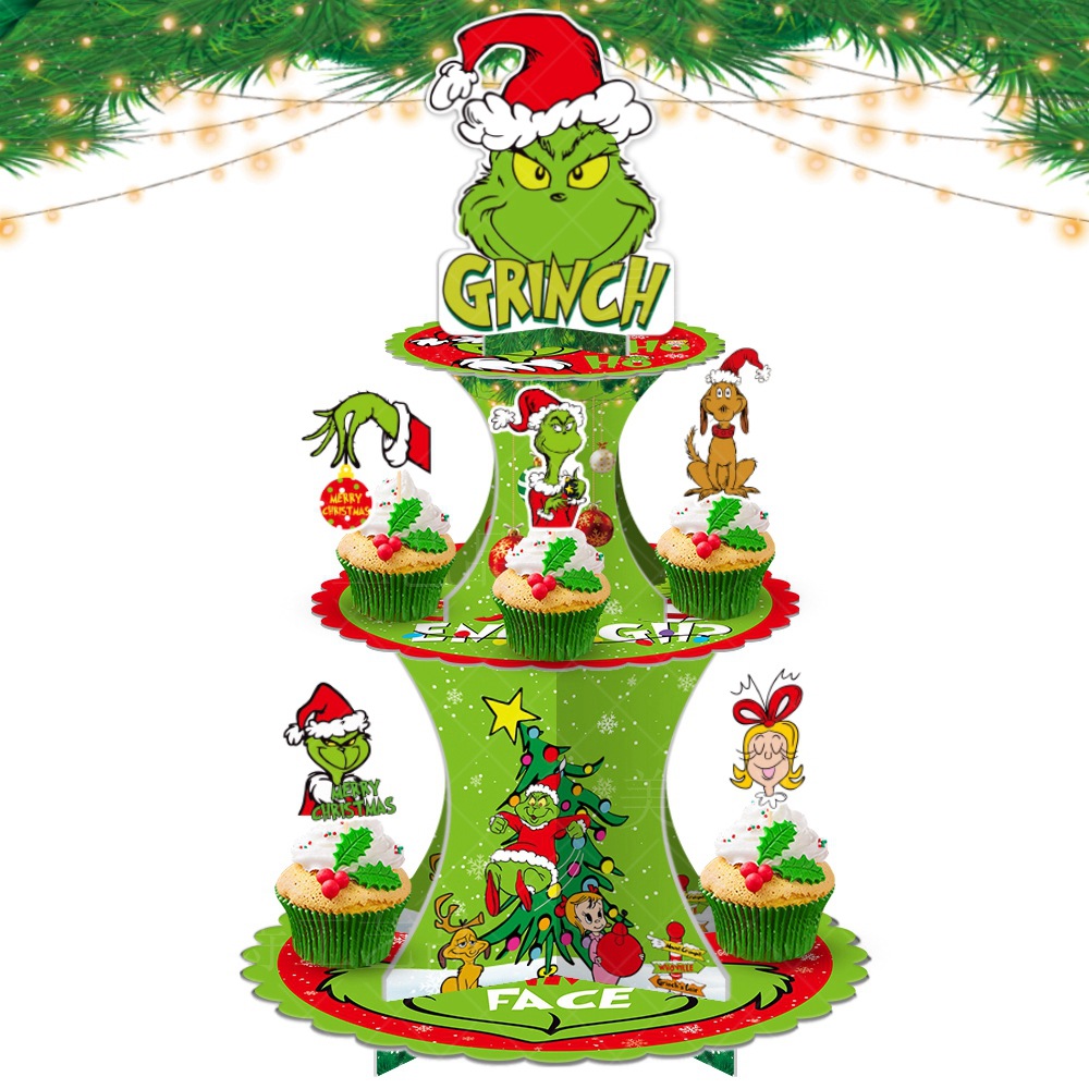 Decoración de fiesta de Navidad de Europa y América Grinch multi-capa titular de la torta de piel verde monstruo de inserción de tarjeta de pastel postre decoración de la Mesa