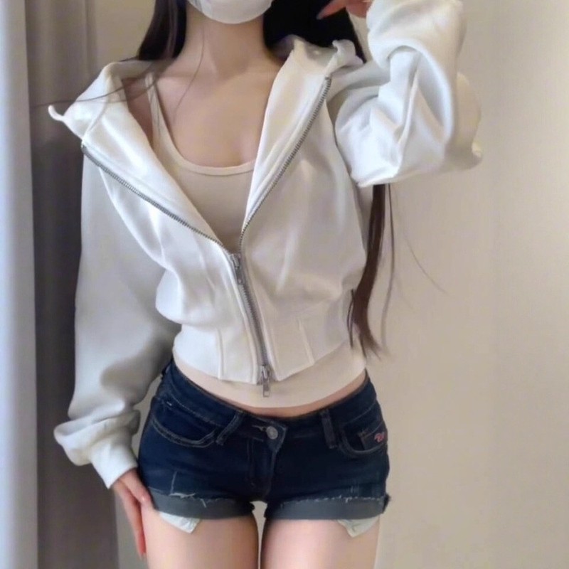 美式辣妹短款白色开衫卫衣女秋季双拉链设计感纯欲风收腰连帽外套|undefined