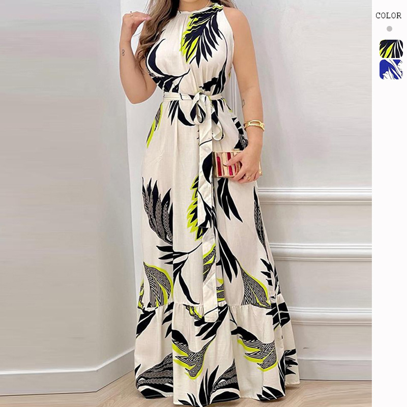 Cross-Border 2026 Amazon Eaby European and American Summer New Style Halter Neck Tie-Up Printed Ruffle Dress for Women