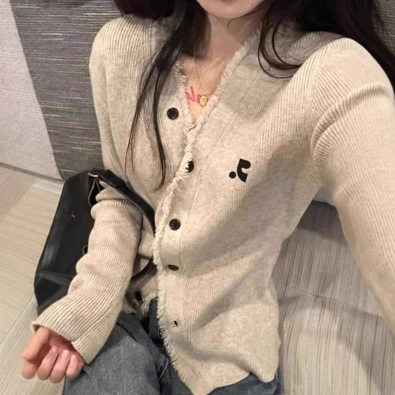 Rest&Recreation Korean Trend New Classic Embroidered Tassel V Neck Knitted Sweater Bottoming Long-Sleeved Cardigan for Women