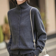 老钱风半高领针织开衫女灰色毛衣外套2025新款法式高端显瘦打底衫