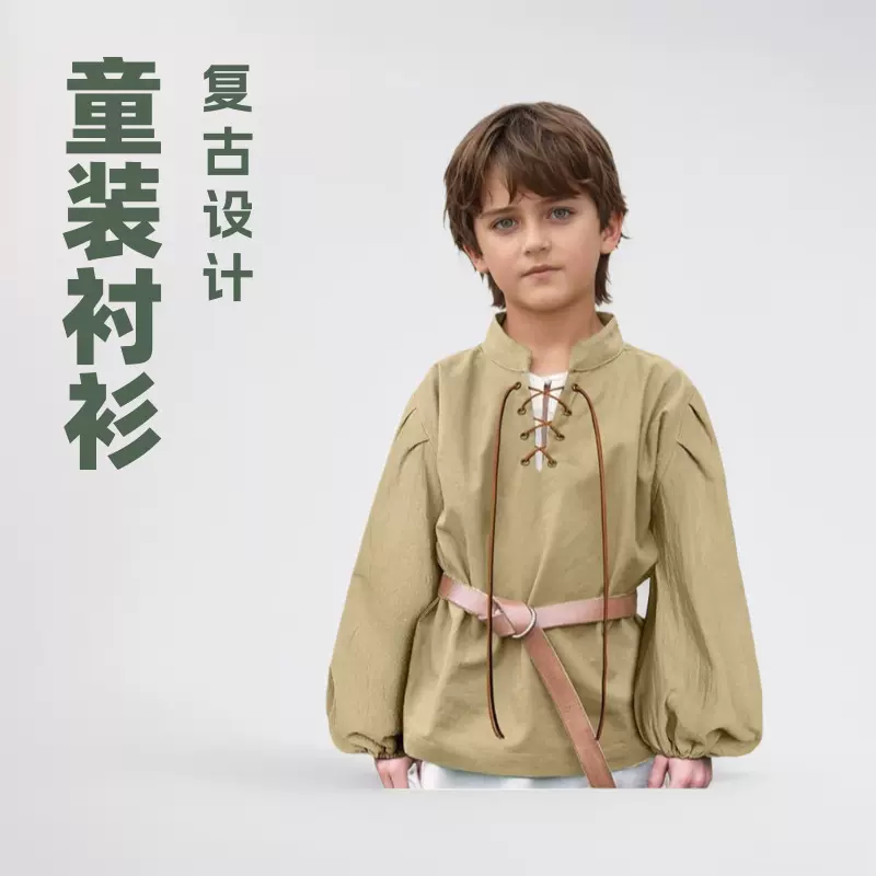 跨境中世纪立领童装衬衫男童儿童系带海盗衫维京殖欧美复古