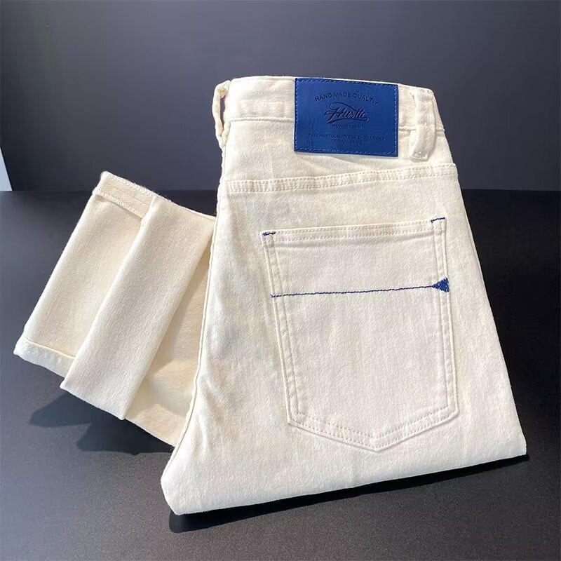 High-end creamy-white Jeans Men's Slim-fit Small Foot Embroidered Stretch Trendy All-match Youth European Spring/Summer Long Pants