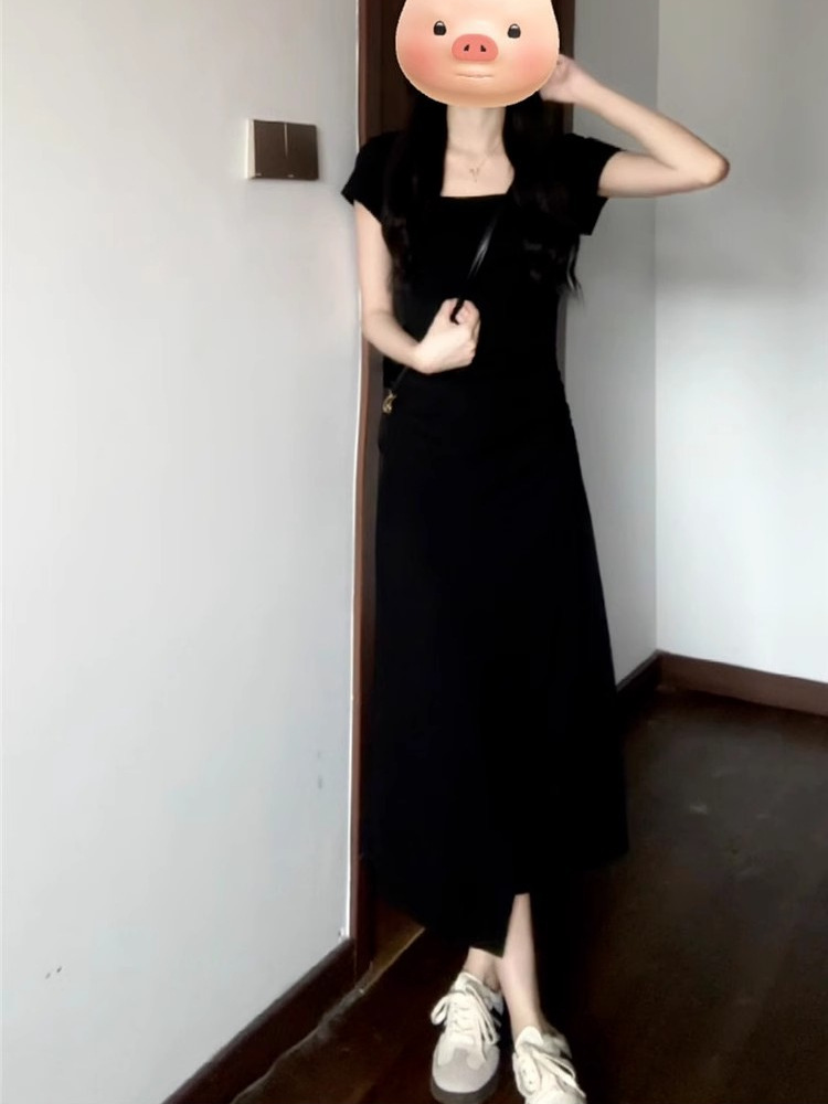 Đầm suông nữ midi màu xám trơn phong cách Pháp — đen