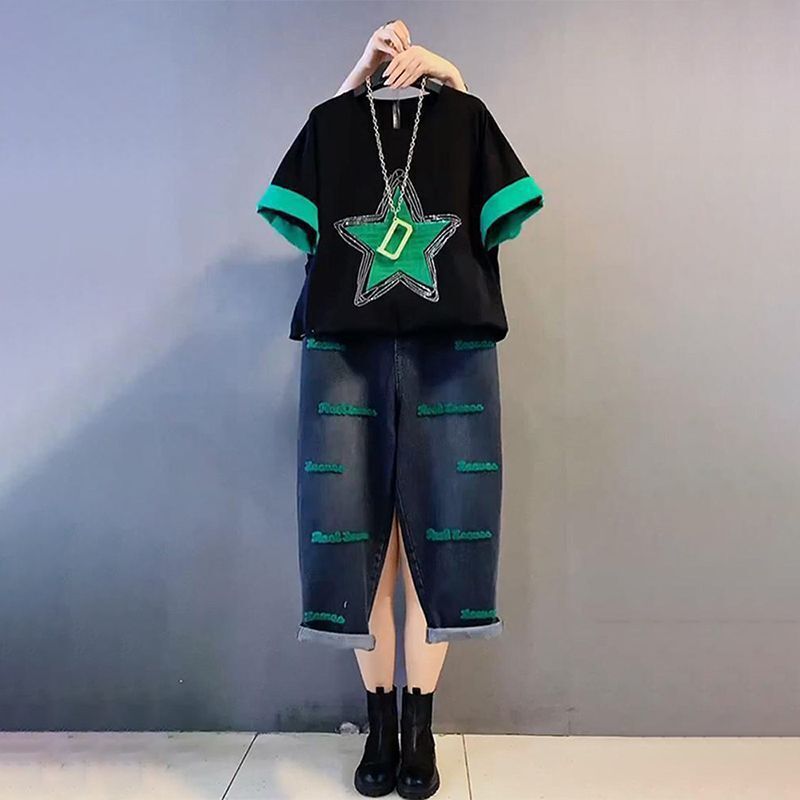 Fashionable Street Suit Summer Women's Clothing 2025 New Green Star T-Shirt with Printed Pants Two-Piece Set