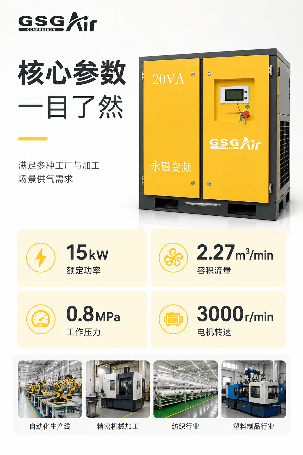 15Kw Permanent Magnet Variable Frequency Screw Air Compressors Commonly Used in Workshops, 20P Stable and Durable Air Compressors, Factory Direct Sales