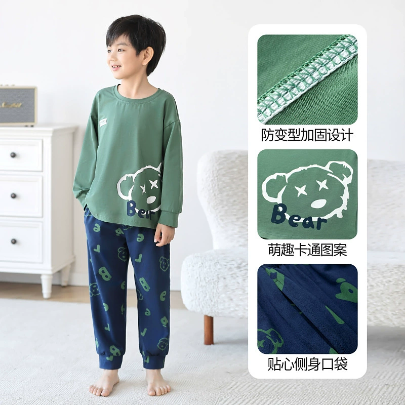 噜噜牛 Spring children's demi-season pijama for boys, cotton long-sleeve with a round collar, 2024 years, for teenagers