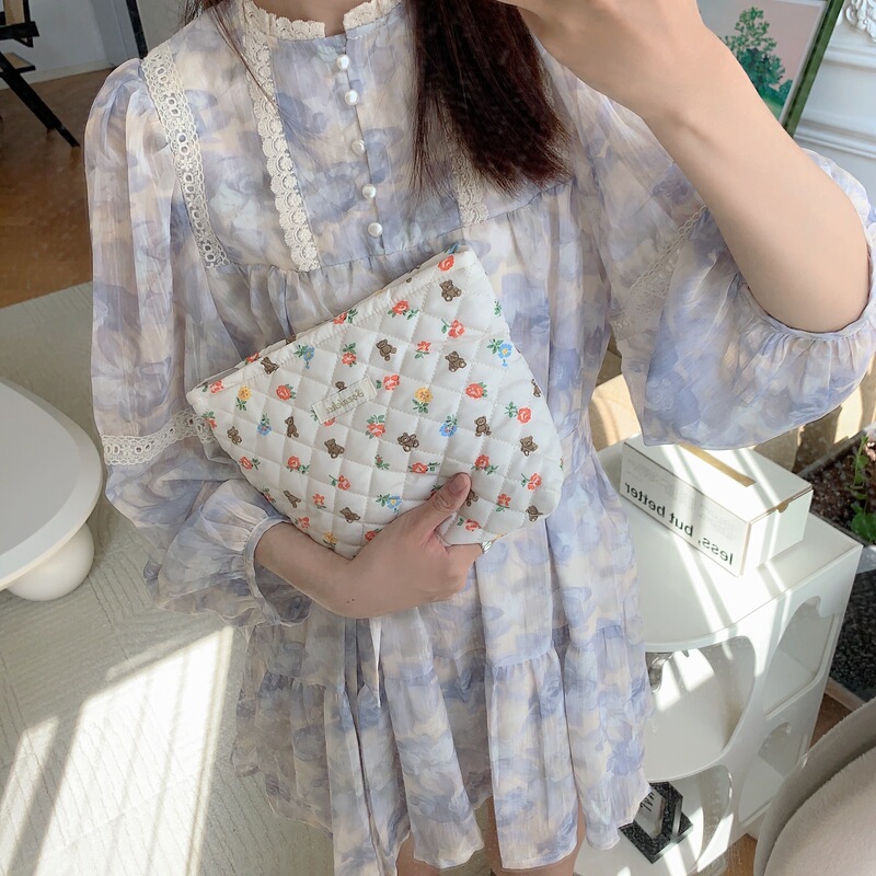 3611 Korean Cartoon Flower Bear Quilted Liner Clutch Bag Portable Large Capacity Storage Bag Cosmetic Bag for Women