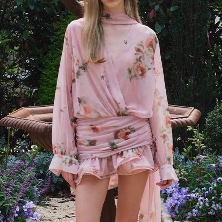 Ap Niche Boutique Fashion New Style Ribbon Print Dress V-Neck Long-Sleeve Shirt Short Skirt with Shorts Set