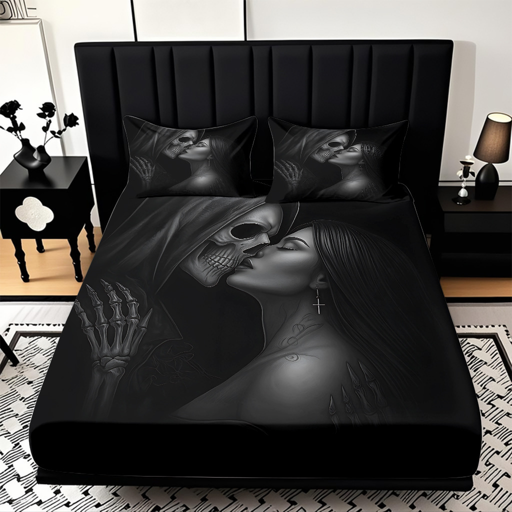 TEMU / JIT abrasión cama Kits cráneo patrón de impresión digital HD ropa de cama para diseñar