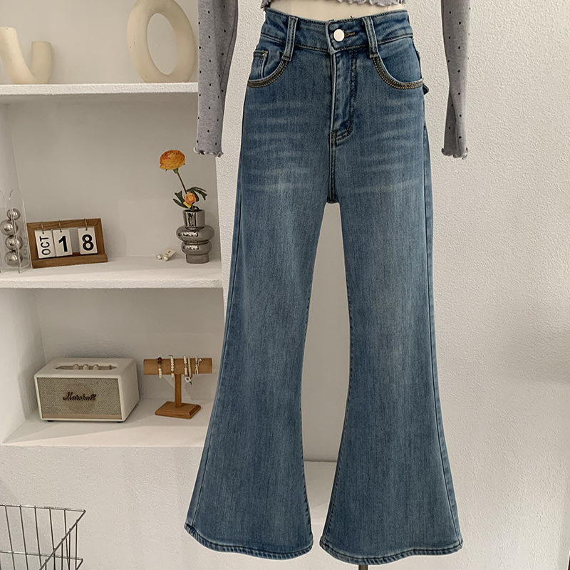 欧玛莱 加绒喇叭裤女2025冬季修身弹力复古微喇牛仔裤长裤潮 5731