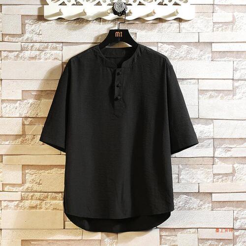 Men's Summer Thin Ice Silk Short Sleeve Shirt with Chinese Knot Button Tangzhuang Top Trend Brand Loose Half Sleeve Collared Shirt