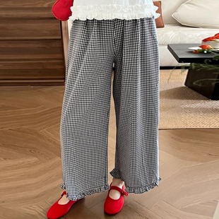Summer Maternity Wide-Leg Pants, Thin Style, Non-Tightening, Plus-Size, Plaid Casual Pants, Cropped Straight-Leg Pants