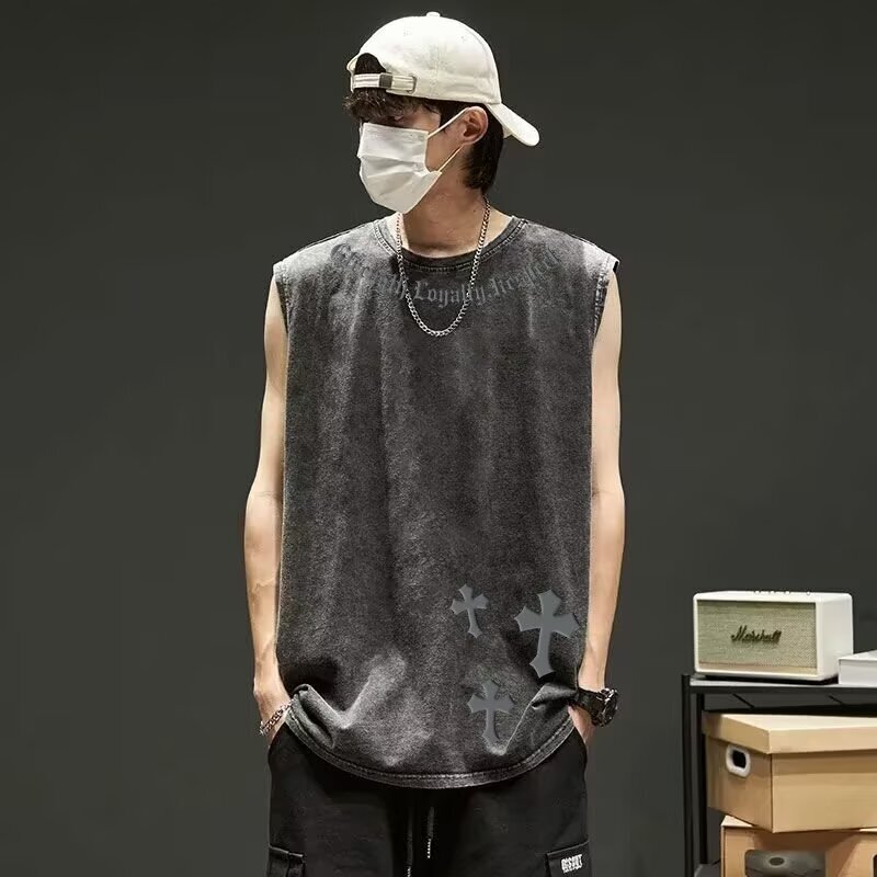 Summer Foreign Trade American Heavy Trendy Youthful Duffy Handsome Men's Vest Milk Silk Old Letter Printing Casual Top Summer Foreign Trade American Heavy Trendy Youthful Duffy Handsome Men's Vest Milk Silk Old Letter Printing Casual Top
