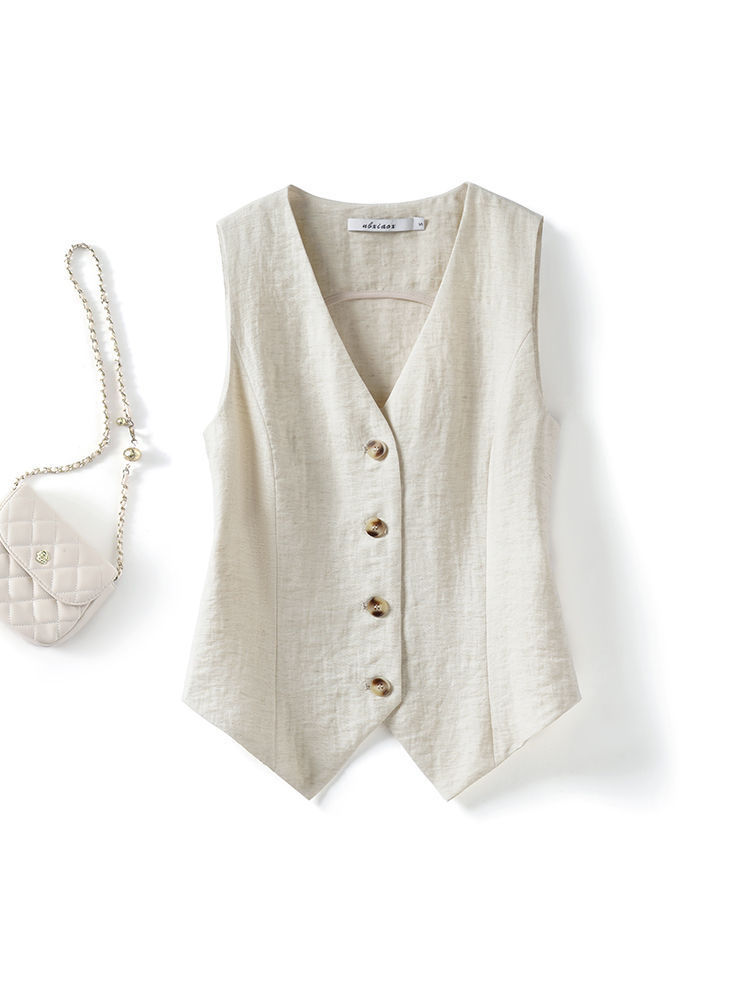 Old Money Style Vest Summer Thin Women's Outer Vest 2025 New Slim Short Sleeveless Suit Linen Vest