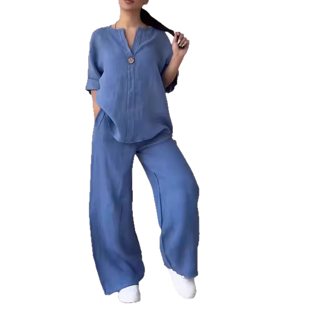 Ensemble de vêtements décontractés pour femmes en coton et lin : haut ample et confortable, pantalon large. Mode pour occasions formelles et décontractées._voghion.com