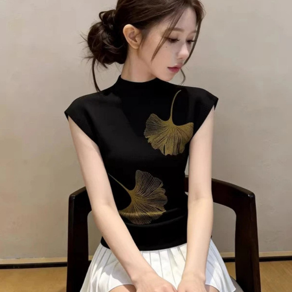 Black sleeveless women's summer top with printed design, versatile tank top, new Chinese style, cross-border high-neck top Black sleeveless women's summer top with printed design, versatile tank top, new Chinese style, cross-border high-neck top