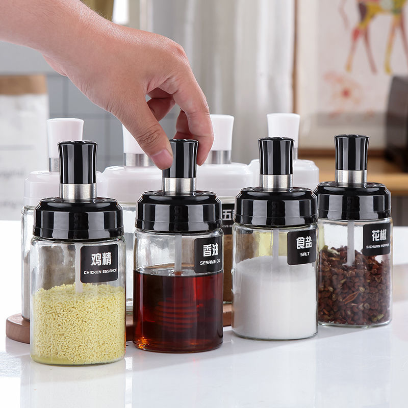 kitchen supplies glass condiment bottle seasoning jar oiler spoon and lid integrated seasoning box set condiment pot control salt bottle