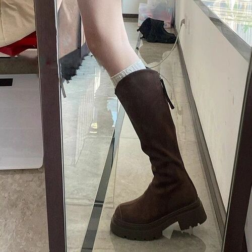 New thick-soled, high-top, wide-leg, figure-flattering, neo-Chinese velvet stretch boots—women’s long equestrian boots.