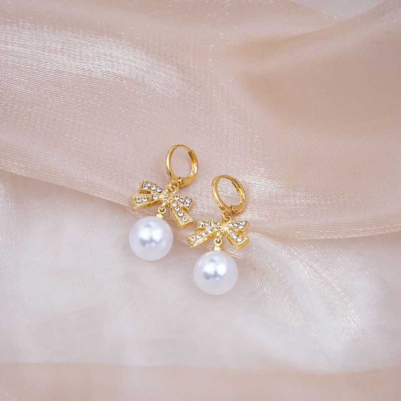 fashion diamond bow pearl simple alloy drop earringspicture3