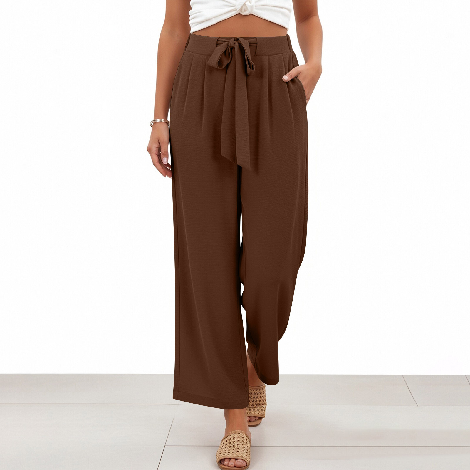 2026 primavera y verano Europa y América transfronterizos Amazon nueve pantalones de color sólido nuevo cinturón de damas pantalones casuales de piernas anchas image 12