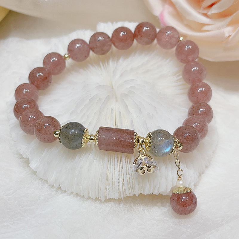 thumbnail image 1 of Nueva pulsera de cristal de fresa Pulsera de cristal de flor de melocotón Pulsera de luz de luna gris Regalo de cumpleaños para novia Cristal de fresa, 1 of 2