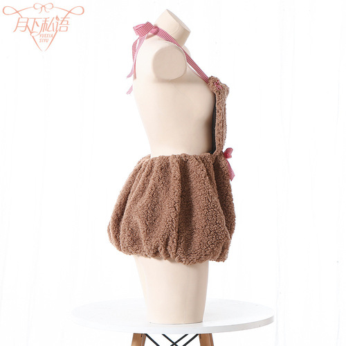 Plush backless halterneck bear 2D cute backless maid outfit sexy lingerie female role play pajamas