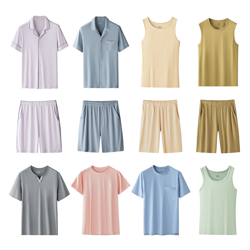Venta de liquidación especial pijamas de primavera y verano de algodón Tiansi suave de agua, pantalones cortos de chaleco para hombres, pantalones cortos de manga corta para parejas, servicio a domicilio para mujeres