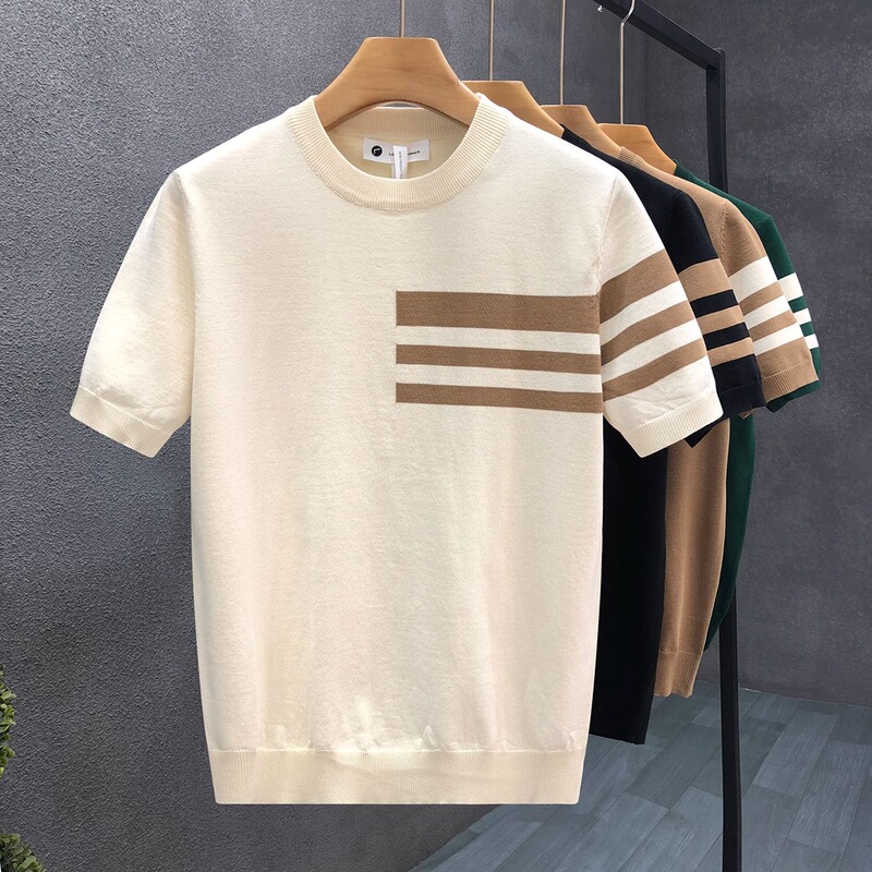 Summer new short-sleeved sweater men's striped simple business light mature slim ice silk T-shirt foreign trade cross-border wholesale t