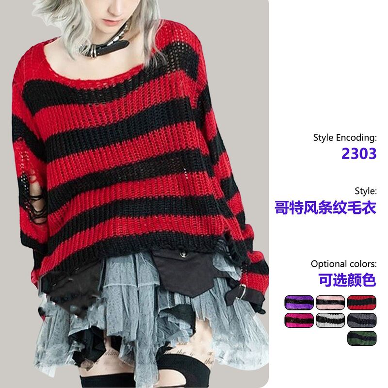 Autumn Round Neck Striped Pullover with Holes, New Amazon Best-Selling Short Knit Sweater for Women, Versatile Y2K Style