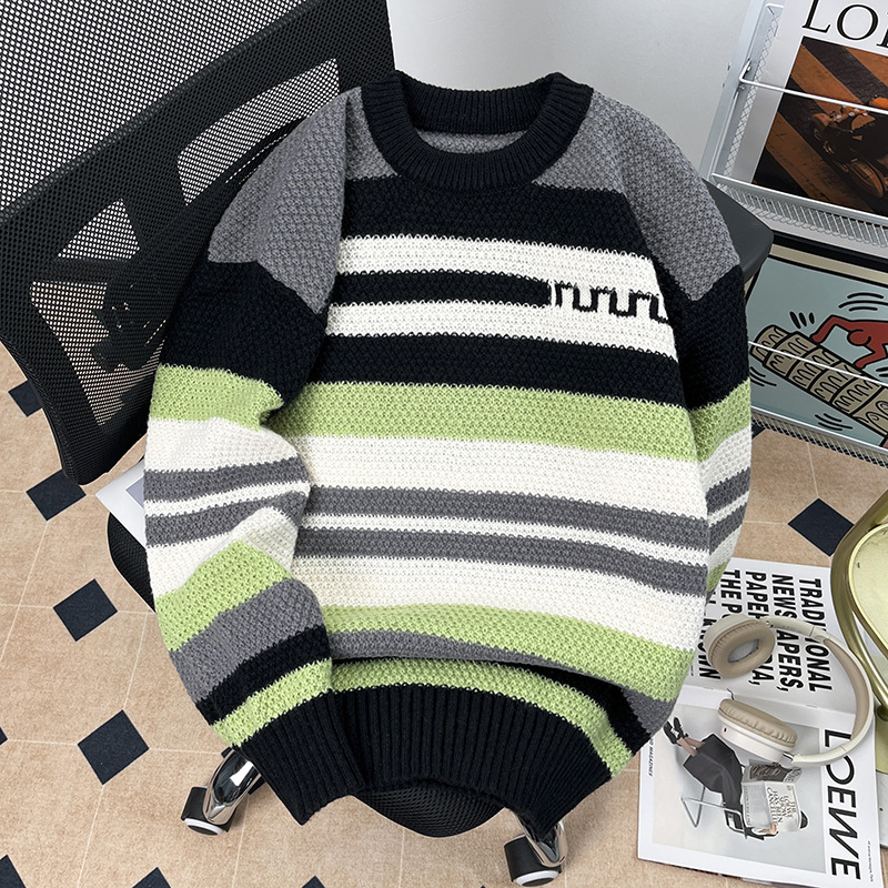 Otoño y invierno a rayas de lana de color coreana estilo de moda pareja ropa de punto perezosa suéter retro de colores masculino y femenino