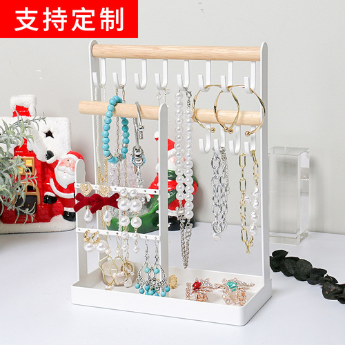 Cross-border Nordic jewelry display necklace jewelry stand storage rack white solid wood iron hook jewelry display stand