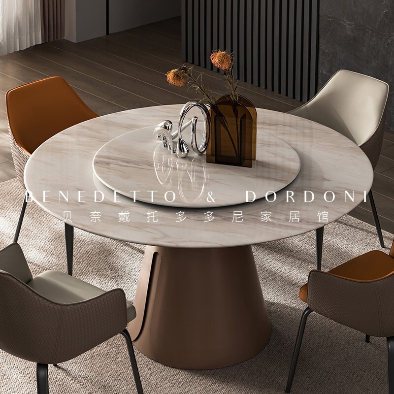 Natural Marble Dining Table Round Table 2026 New Model with Turntable Italian Luxury Stone Dining Table and Chairs with a Light Luxury Feel 2B^T