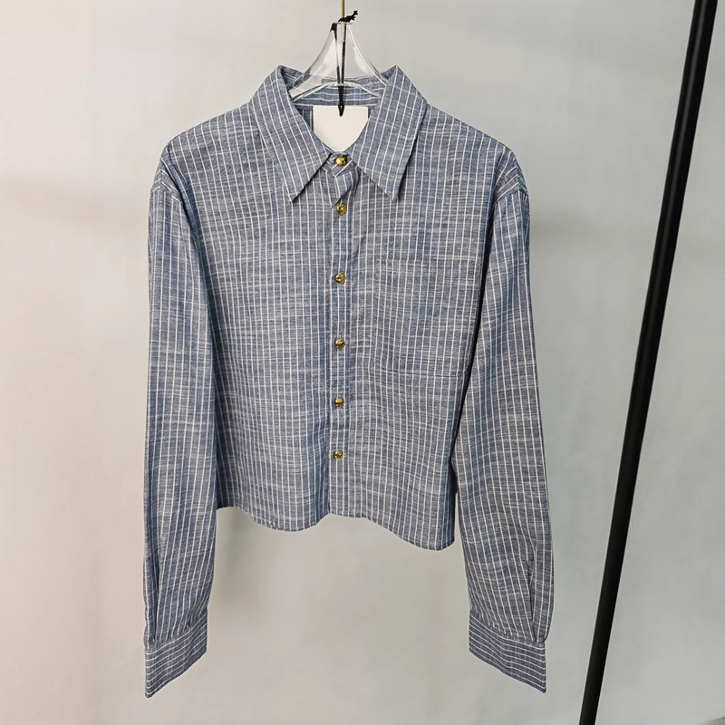 Real Shot in Stock 25Ce Spring and Autum Versatile French Preppy Style Blue and White Pinstripes Bf Style Shirt with Western Style