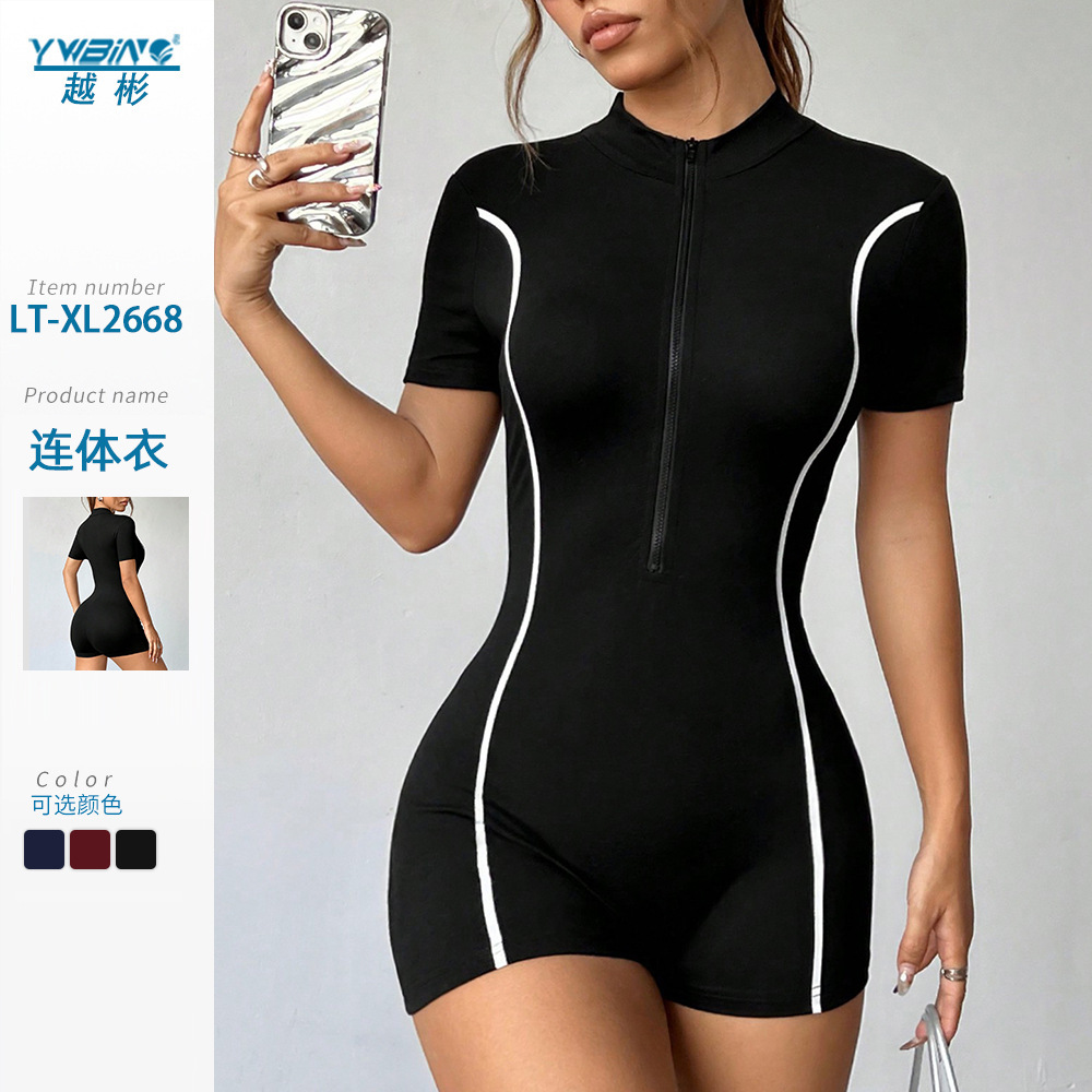 Cross-Border European and American Style Color-Blocking Yoga Wear, Quick-Dry Fitness Jumpsuit, Summer Jumpsuit with Zipper, Short-Sleeve One-Piece Outfit
