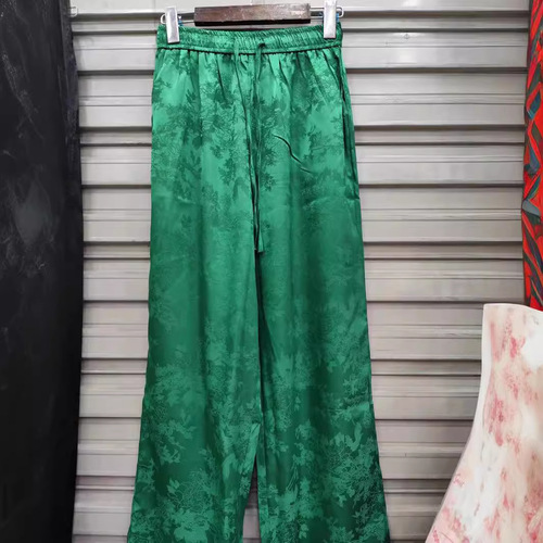 Classical all-matching satin elastic high waist New Chinese jacquard straight leg pants China style women's casual pants show leg length