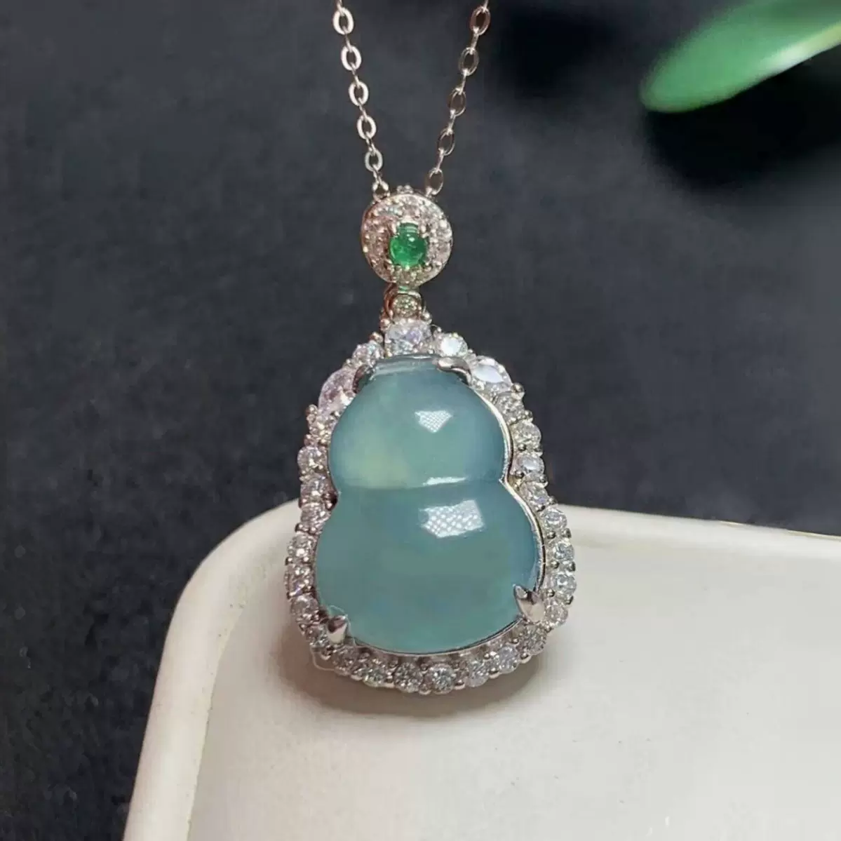 邹六禧 天然翡翠a货蓝水葫芦吊坠S925银镶嵌玉坠项链挂件直播货源