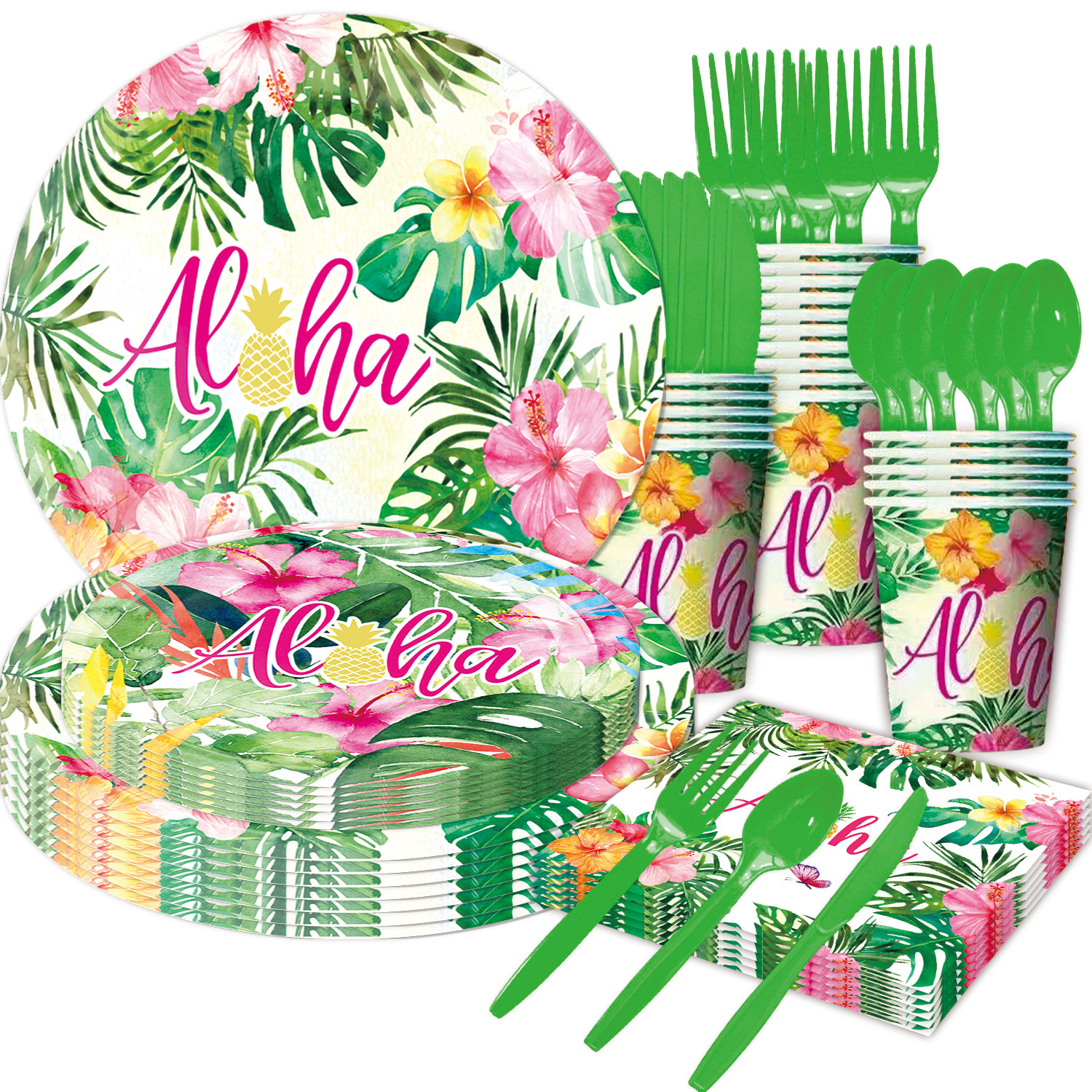 Verano tema hawaiano flamenco piña fiesta vajilla desechable bandeja de papel taza de papel bandera suministros de mantel
