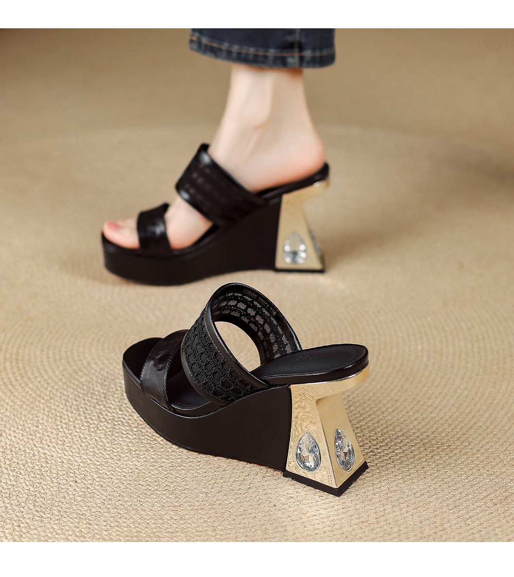Sandal cao gót nữ đế xuồng mũi vuông đính đá quai ngang — màu đen, màu trắng ngà chi tiết 7