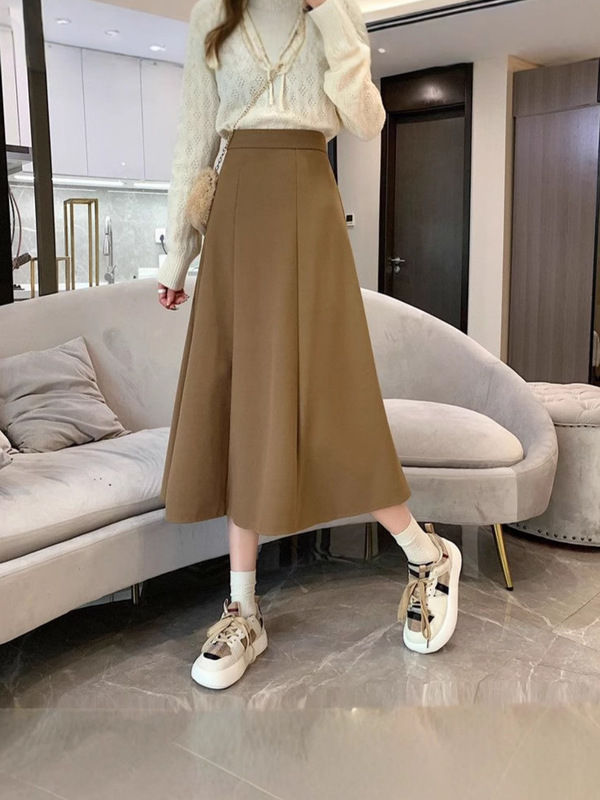 咖色半身裙女秋冬裙子2025新款A字裙中长款高腰显瘦伞裙半身长裙|undefined
