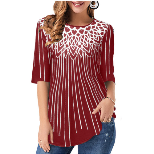 Geometric Print Round Neck T-Shirt with Five-Button Sleeve - European and American Independent Station