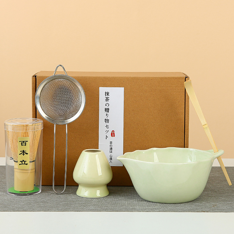日式树叶带嘴抹茶碗日本点茶器陶瓷茶筅立抹茶勺百本立打抹茶工具|undefined