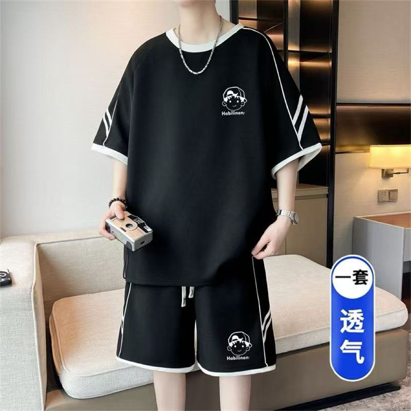 Hong Kong style youth casual sportswear set for men, summer trendy loose plus size versatile short-sleeved shirt and shorts set