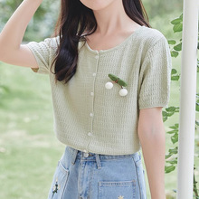 夏季新款小樱桃短袖T恤女甜美可爱针织开衫显瘦薄款减龄气质上衣