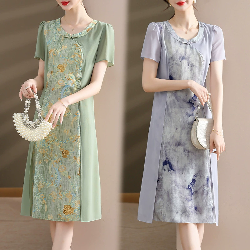 Новое китайское летнее шифоновое платье для матери в китайском стиле, модная благородная женская улучшенная юбка Cheongsam для среднего и пожилого возраста