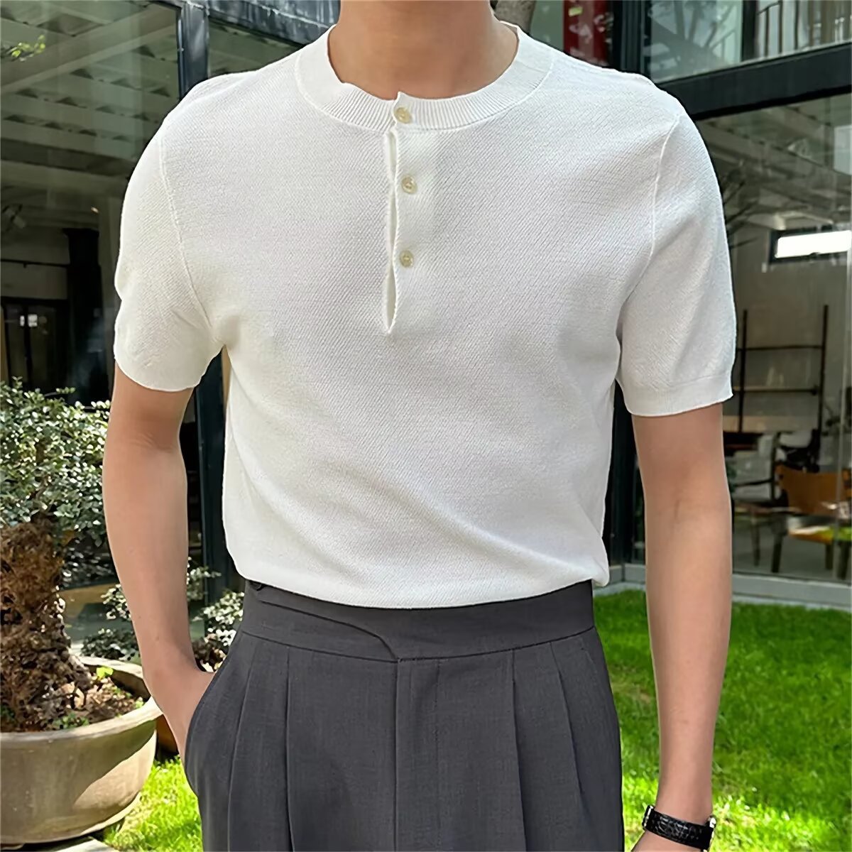 Verano nueva camiseta de cuello Henry camiseta de manga corta hombre viejo viento de negocios de hielo de verano fábrica transfronteriza al por mayor