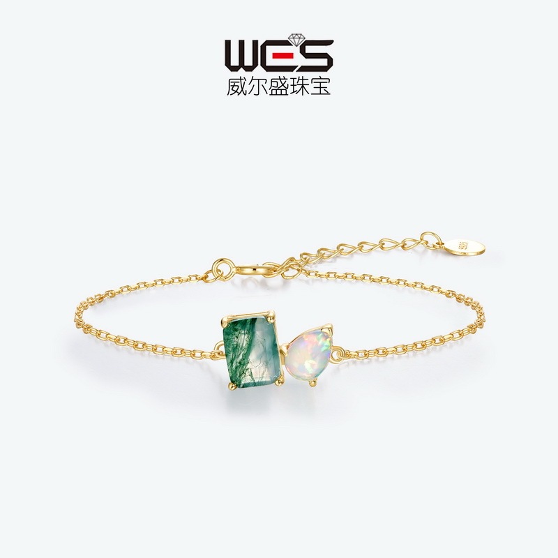 Cross-Border Minimalist Geometric Natural Aquatic Agate Bracelet Ins Style S925 Silver Plated with Real Gold Green Moss Jewelry Wholesale