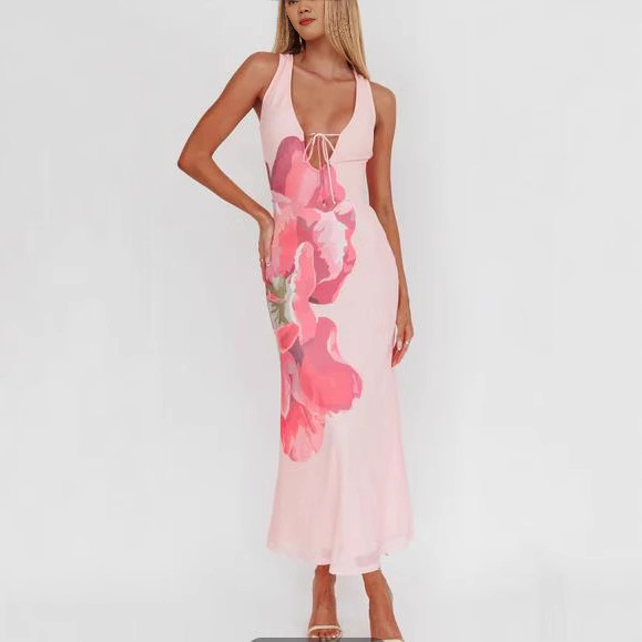 2026 New Cross-Border Lace-Up Deep V-Neck Floral Print Dress, Fresh and Sweet, Waist-Cinching and Slimming Slip Dress 2026 New Cross-Border Lace-Up Deep V-Neck Floral Print Dress, Fresh and Sweet, Waist-Cinching and Slimming Slip Dress