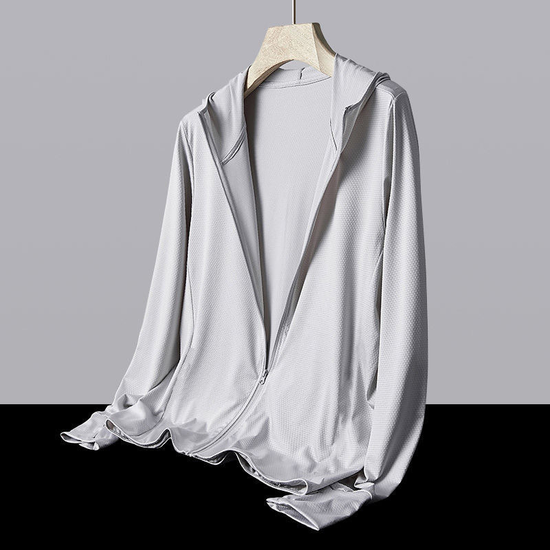 야외 후드 썬 스크린 세트 얇은 단색 홍콩 스타일 아이스 실크 캐주얼 남성 새 봄과 여름 긴 소매 간단한 자켓